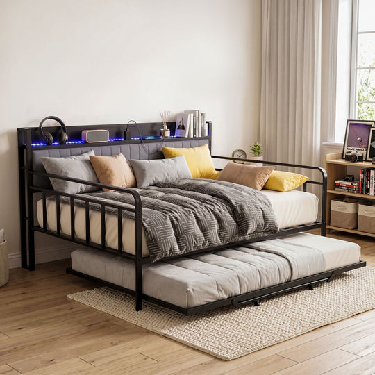 Double LED Trundle Daybed Charging Station - Beds & Bed Frames