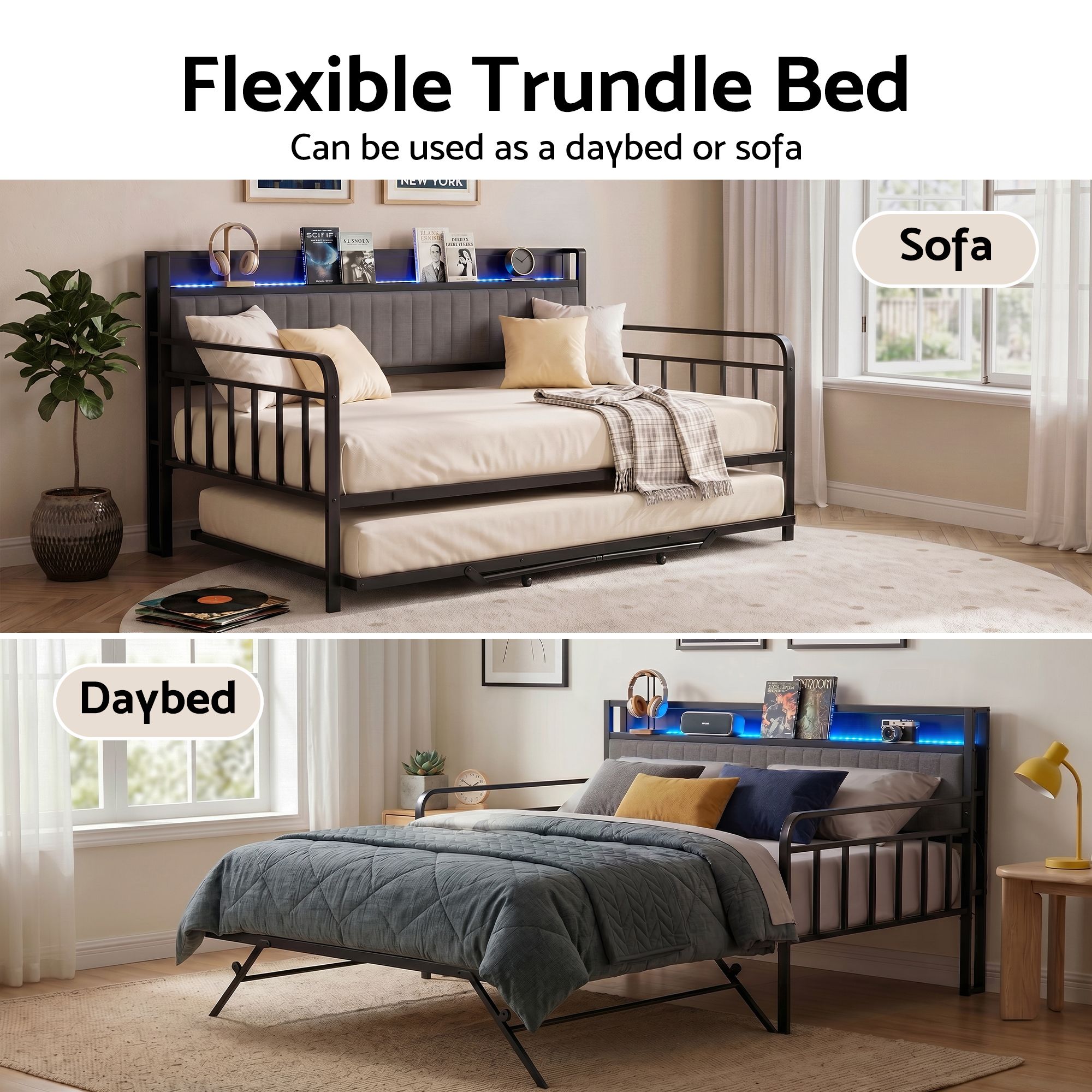 King Single Trundle Daybed LED Charging Station | Simpledeal