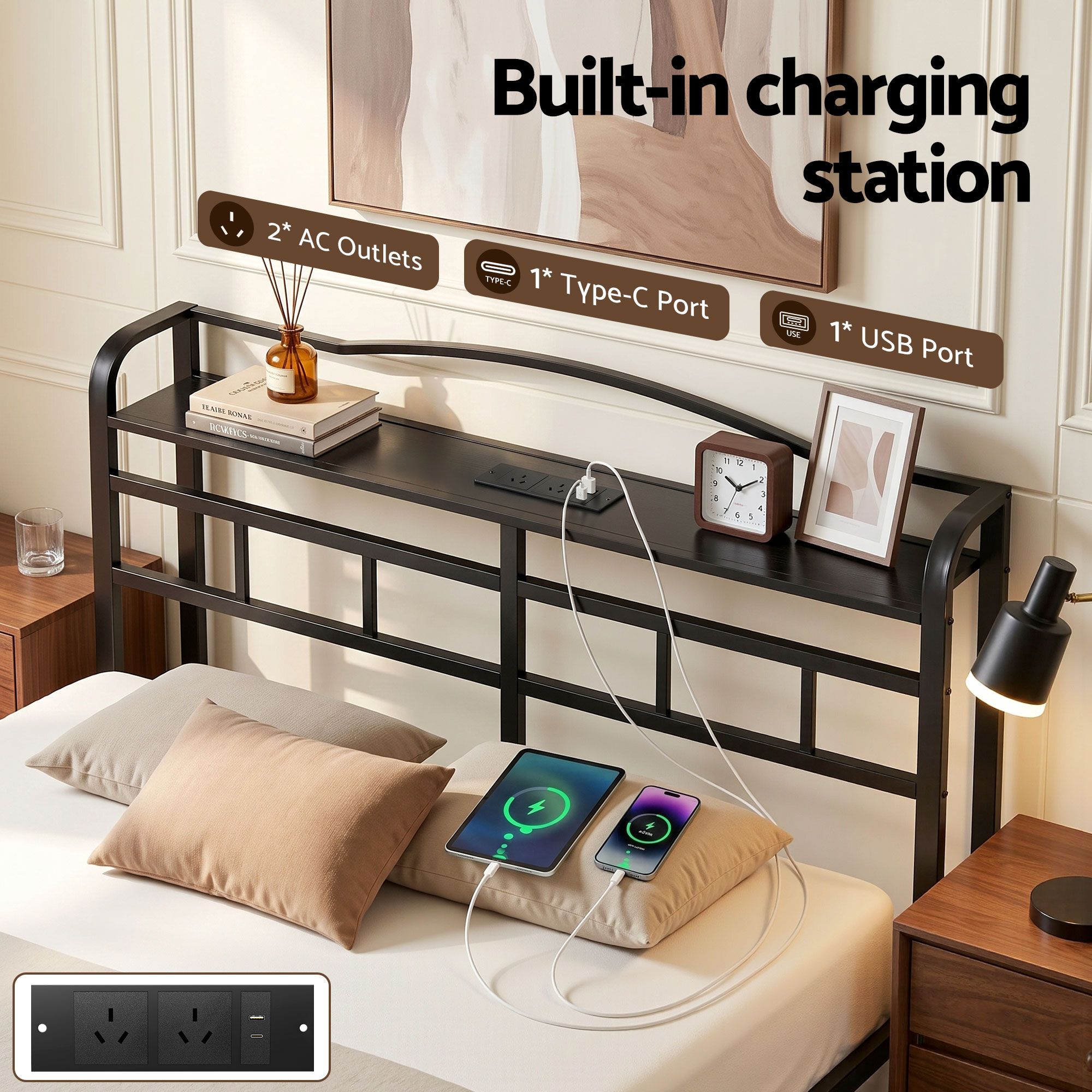 Queen Bed Frame Charging Station USB Ports | Simpledeals