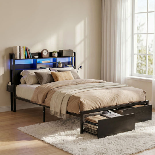 King Bed Frame LED Lights Drawers Charging Station - Beds & Bed Frames
