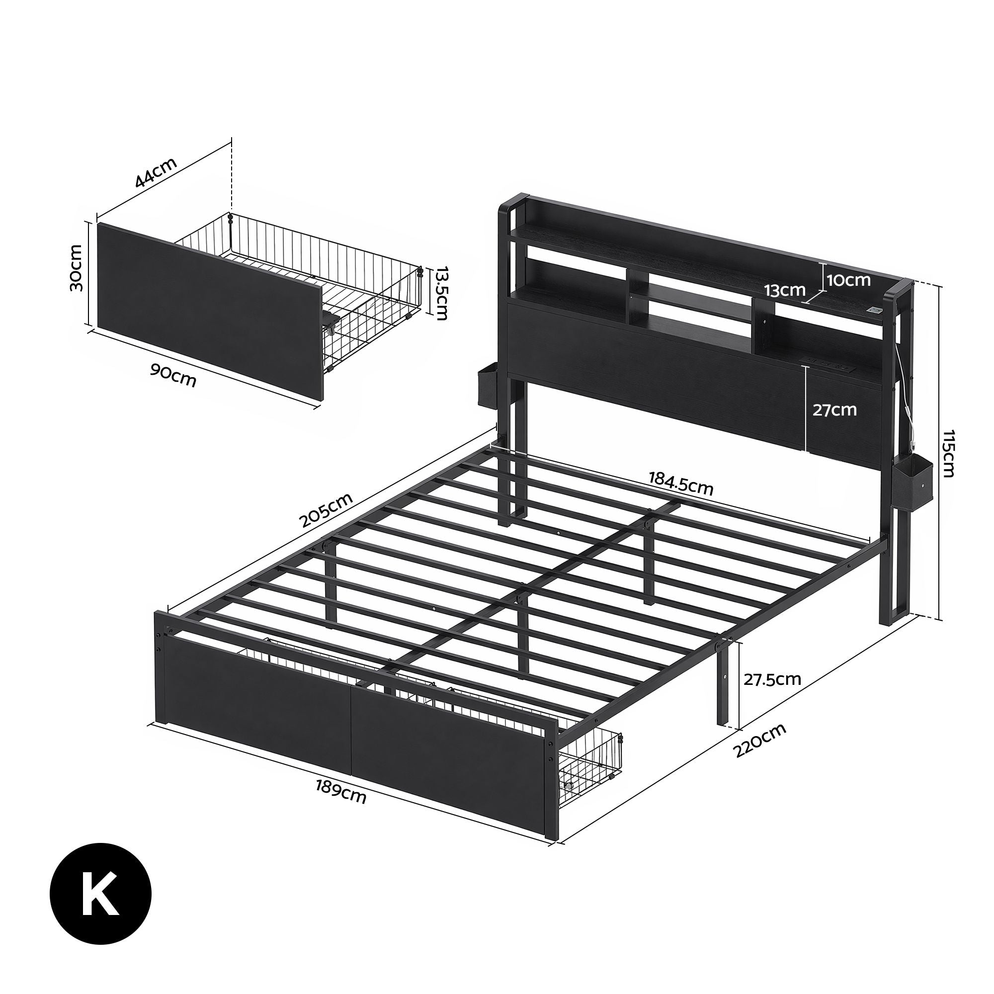 King Bed Frame LED Lights Drawers Charging Station | Simpled
