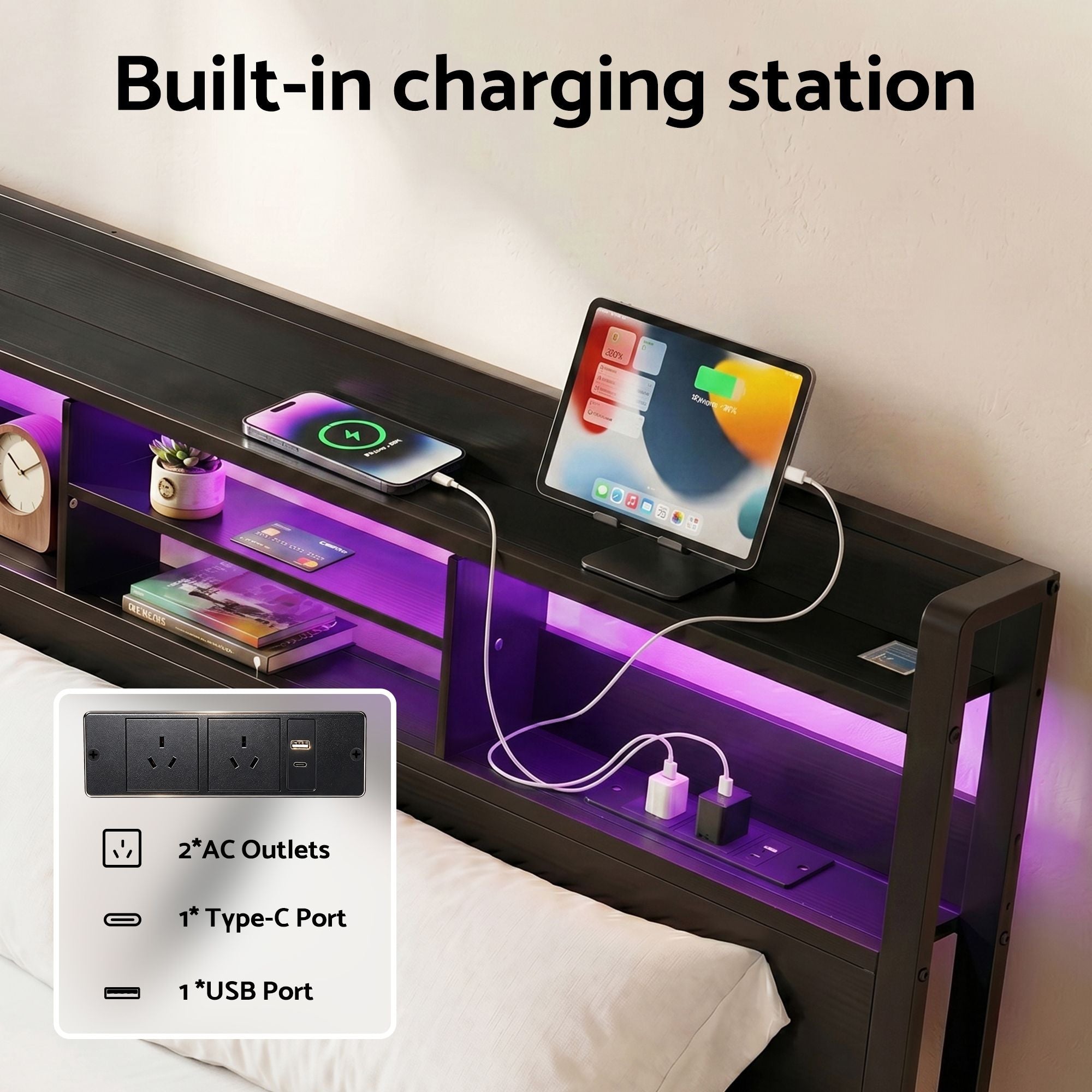 King Bed Frame LED Lights Drawers Charging Station | Simpled
