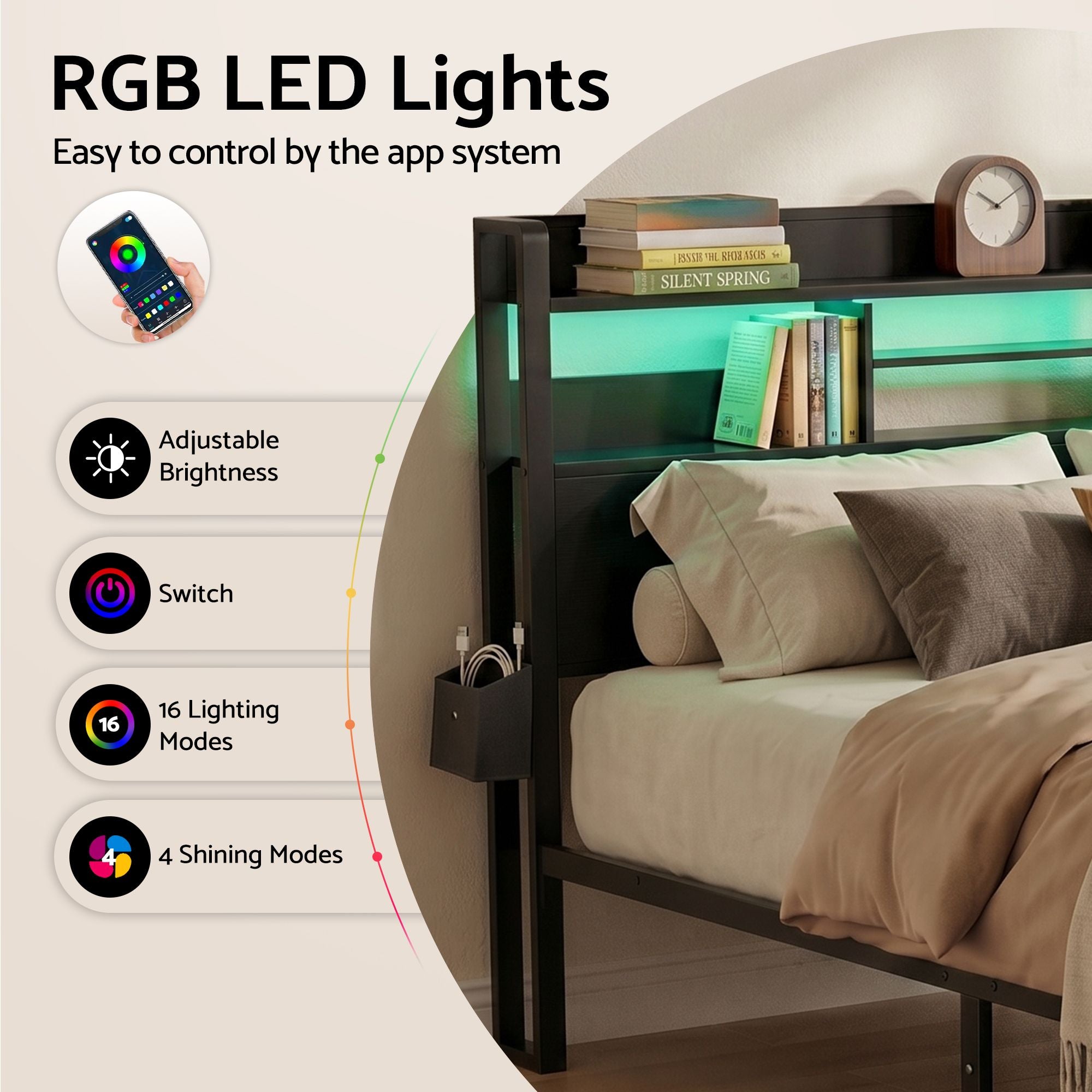 King Bed Frame LED Lights Drawers Charging Station | Simpled