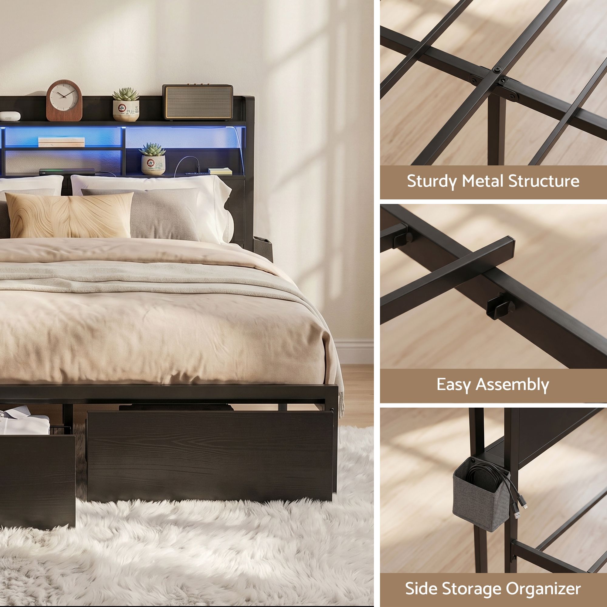 King Bed Frame LED Lights Drawers Charging Station | Simpled