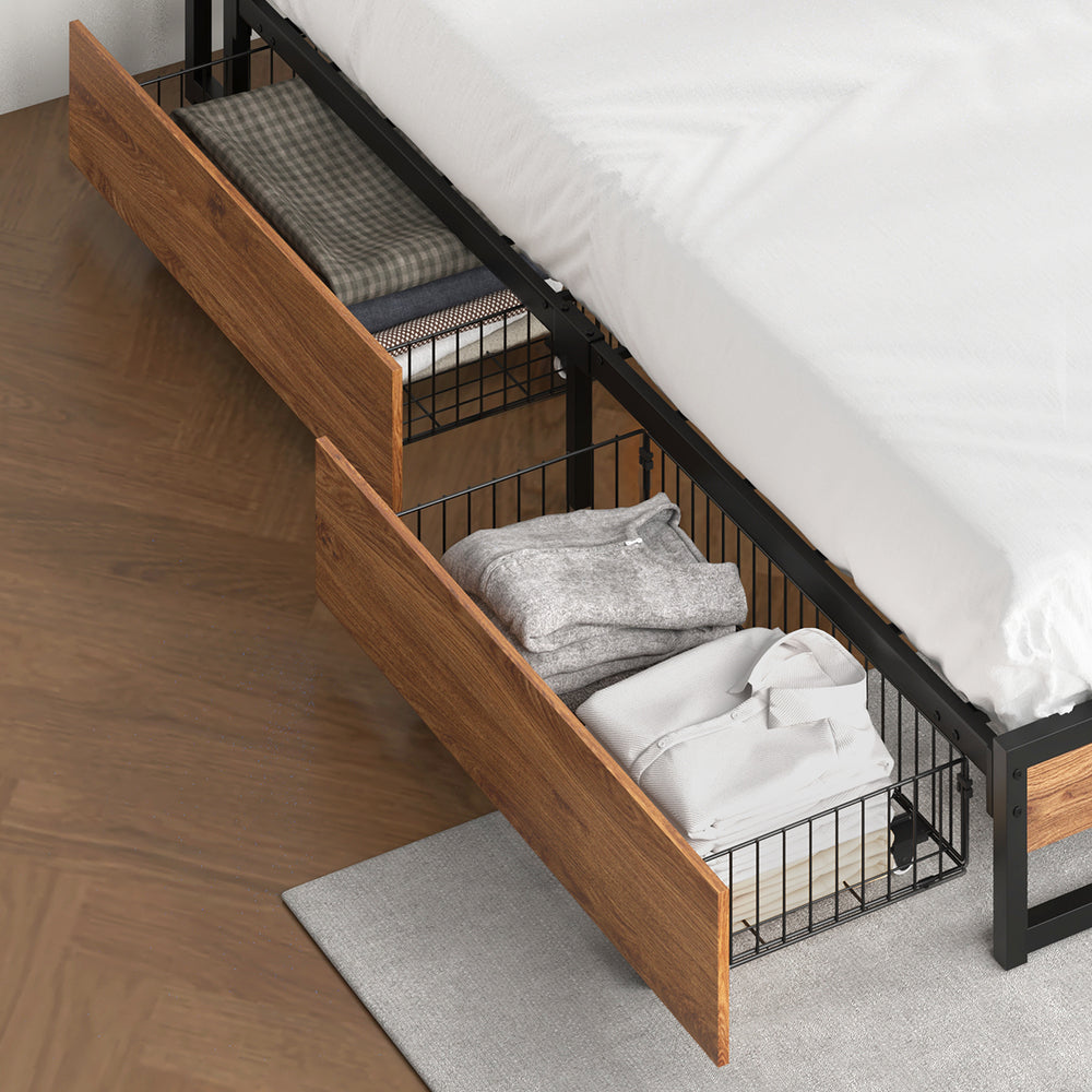 2x Storage Drawers with Wheels Metal Brown Bed Frame