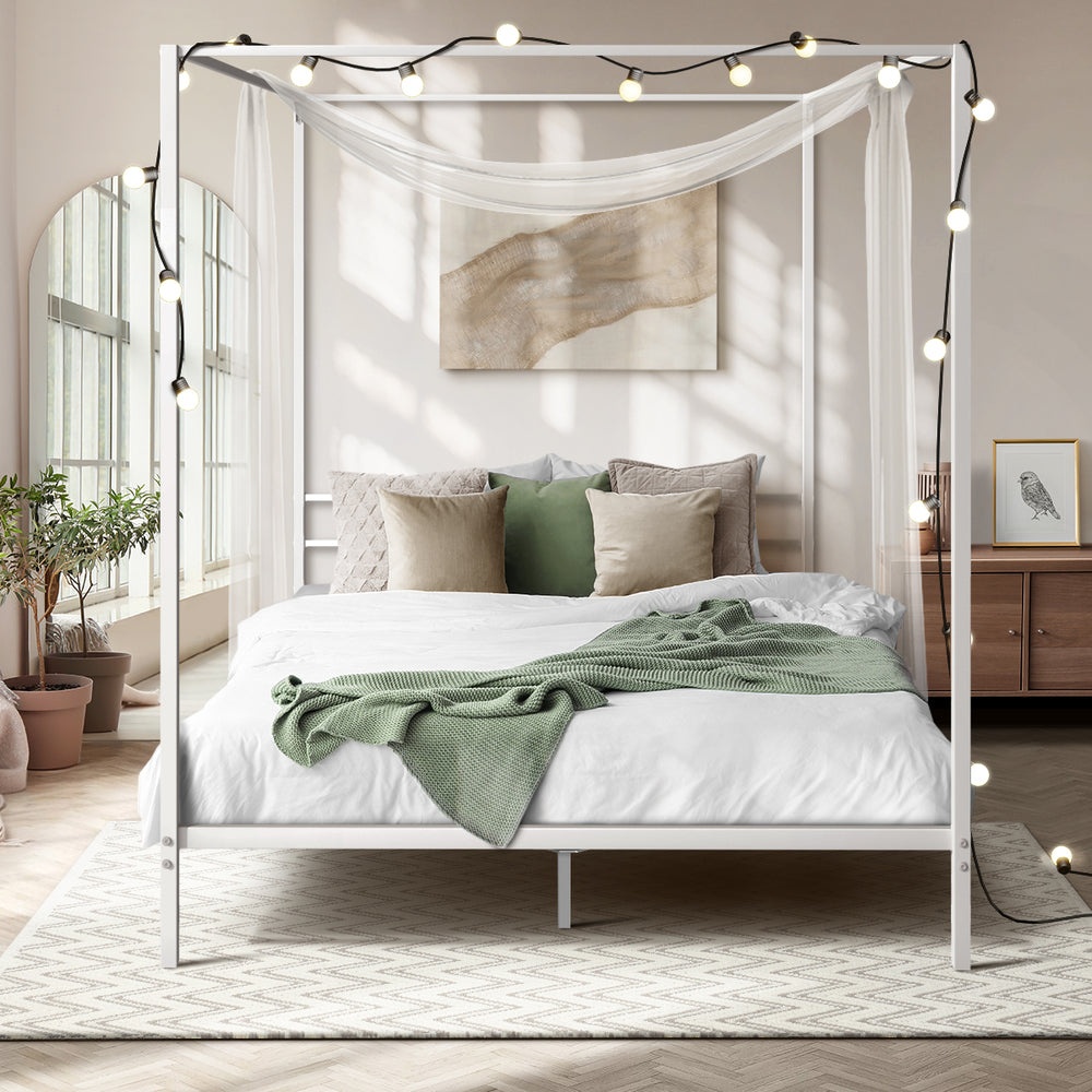 Metal Canopy Bed Frame Double White | Simpledeals