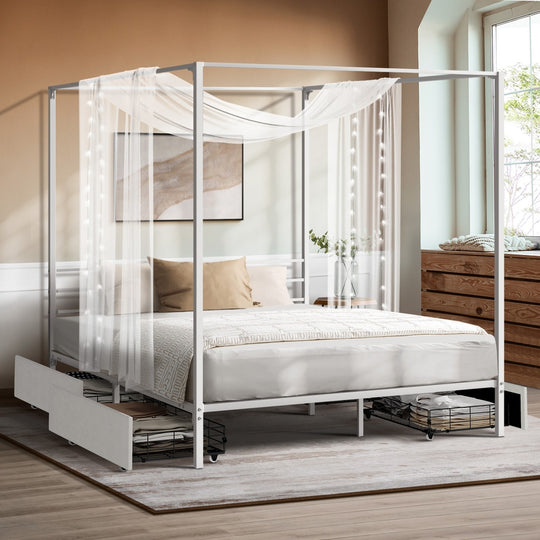 Canopy Queen Bed Frame with 2 Drawers White - Metal Bed Frame