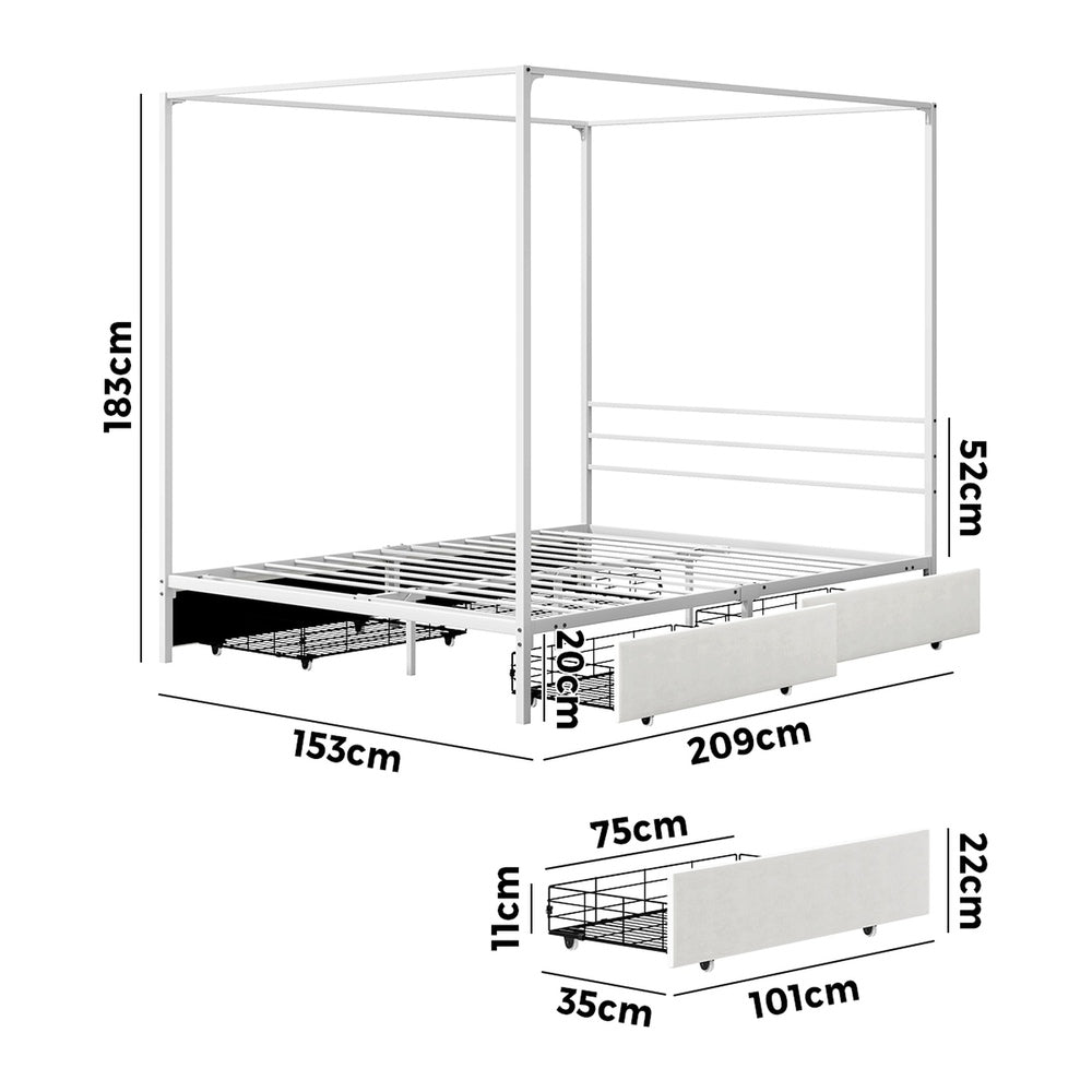 Canopy Queen Bed Frame with 2 Drawers White