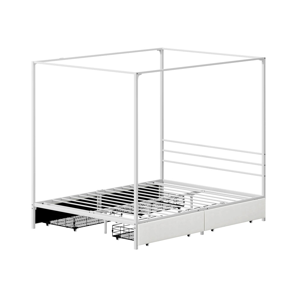 Canopy Queen Bed Frame with 2 Drawers White