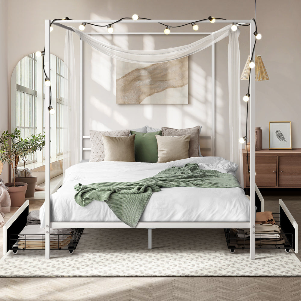 Canopy Queen Bed Frame with 2 Drawers White