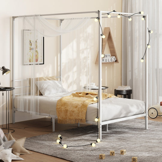 Metal Canopy Bed Frame Single Size Beds Platform White - Metal Bed Frame