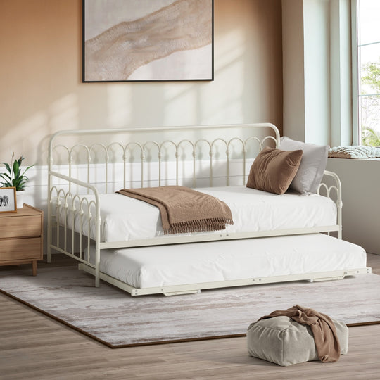 Beige Trundle Bed Frame Daybed Single Size Base Metal