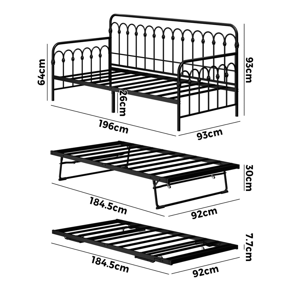 Trundle Bed Frame Daybed Metal Base Black Single