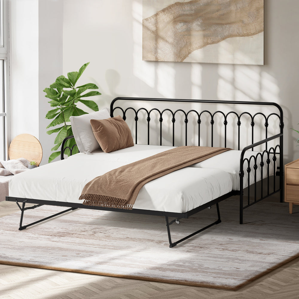 Trundle Bed Frame Daybed Metal Base Black Single