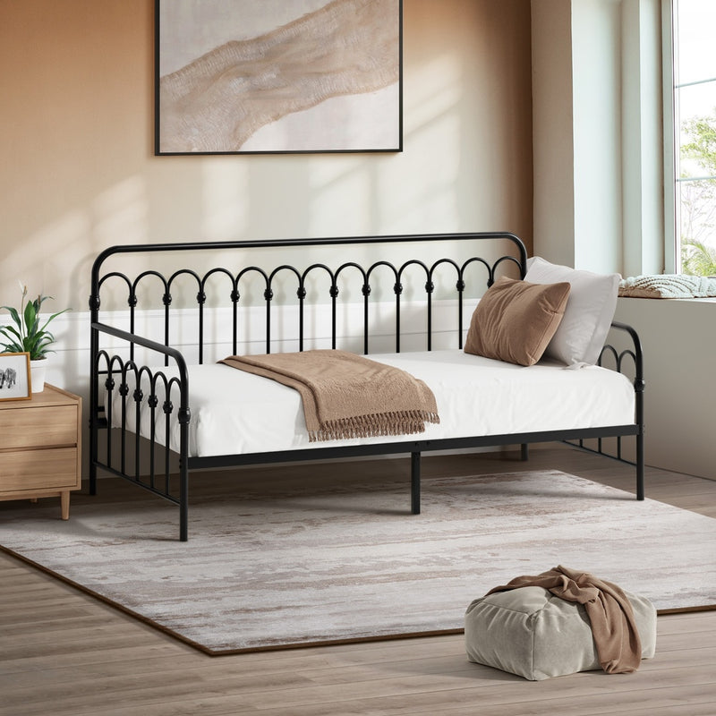 Metal Daybed Frame Single Size Sofa Bed Steel Slat Beige/Black | Metal finish