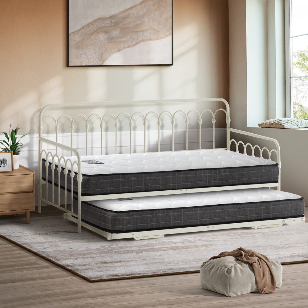 Trundle Bed Frame Single Size Beige with Mattress x2