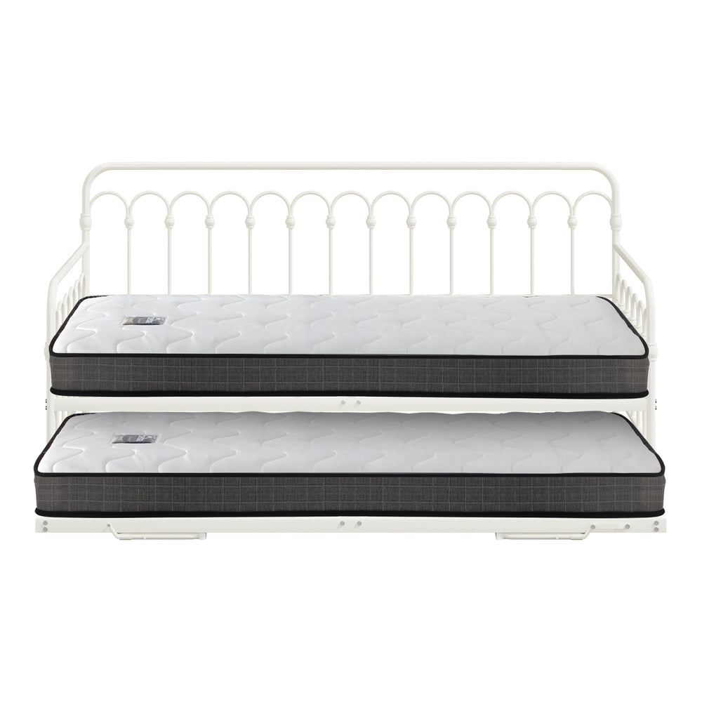 Trundle Bed Frame Single Size Beige with Mattress x2