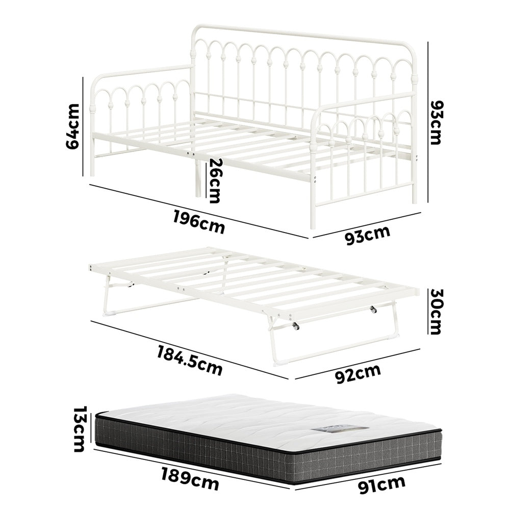 Trundle Bed Frame Single Size Beige with Mattress x2