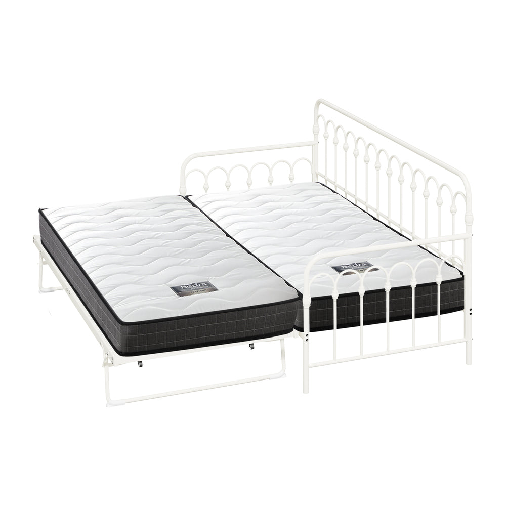 Trundle Bed Frame Single Size Beige with Mattress x2