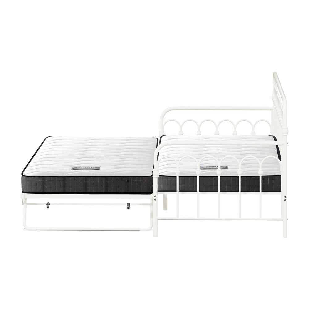 Trundle Bed Frame Single Size Beige with Mattress x2