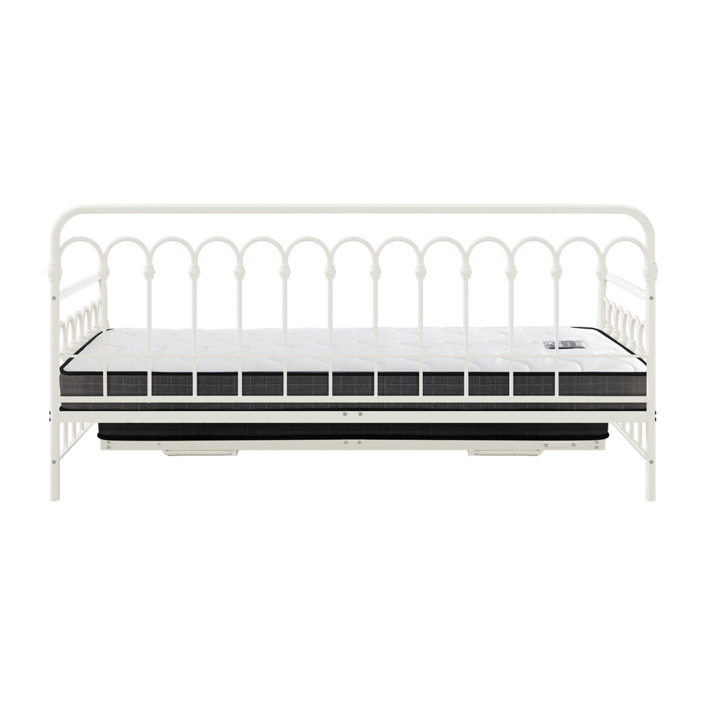 Trundle Bed Frame Single Size Beige with Mattress x2