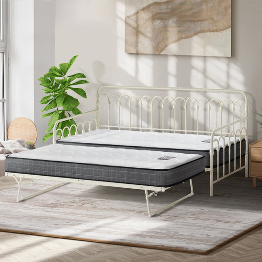 Trundle Bed Frame Single Size Beige with Mattress x2