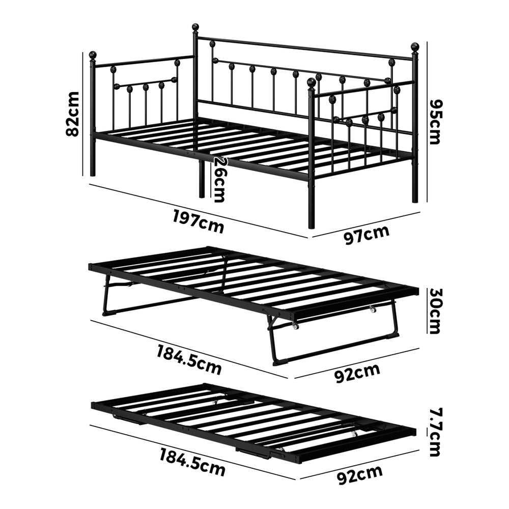 Metal Trundle Bed Frame Single 197x97x95cm