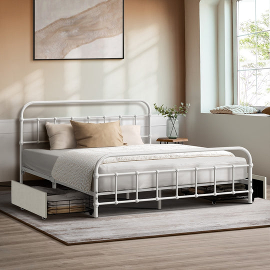 Metal Bed Frame Double Drawers Storage White | White colour