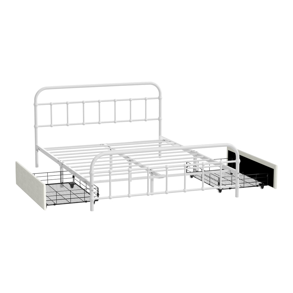 Metal Bed Frame Double Drawers Storage White | Simpledeals