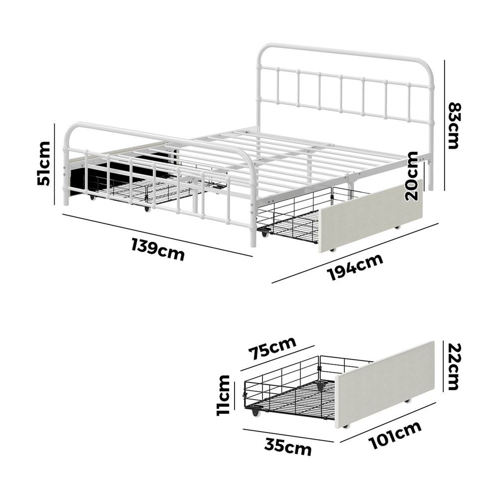 Metal Bed Frame Double Drawers Storage White | Simpledeals