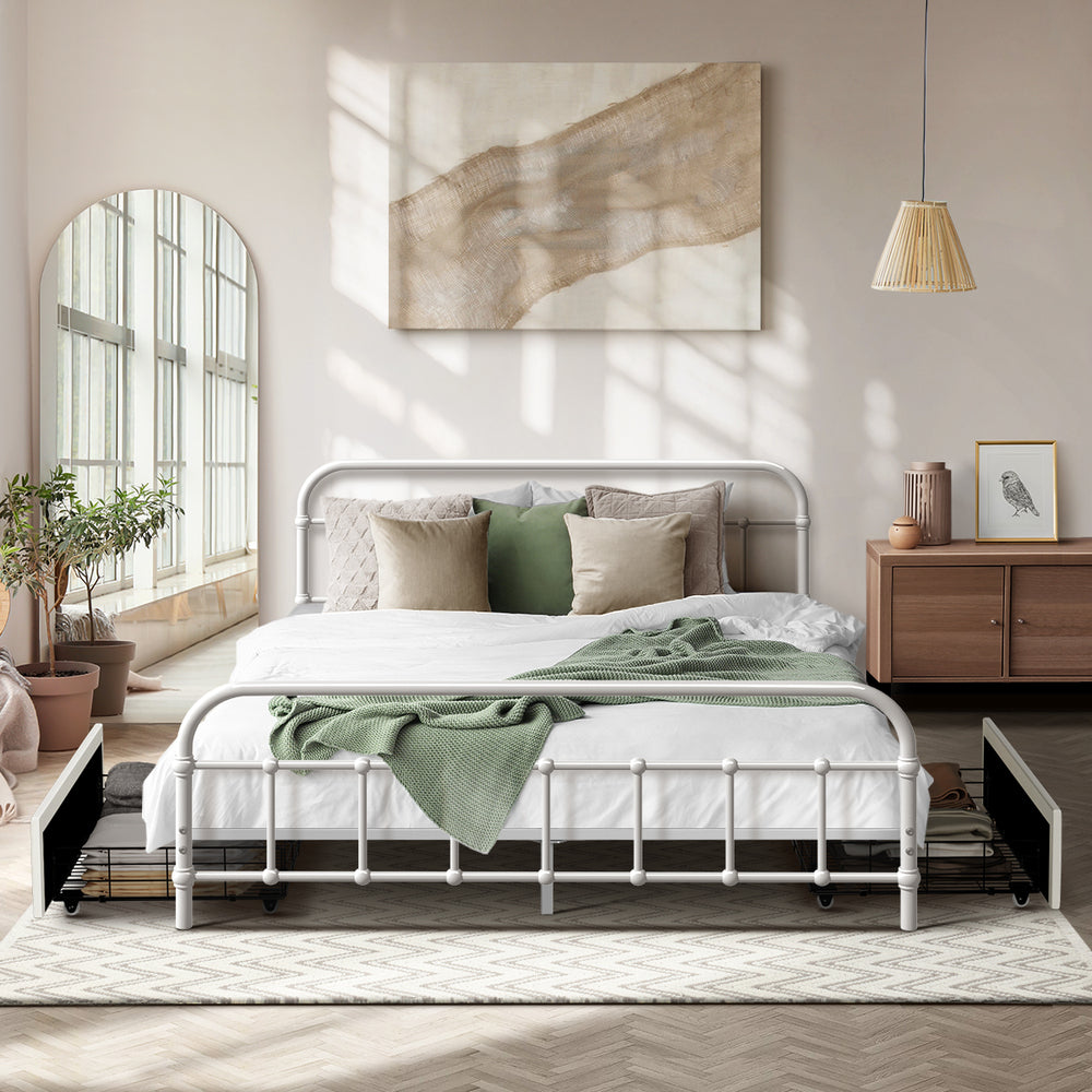 Metal Bed Frame Double Drawers Storage White | Simpledeals