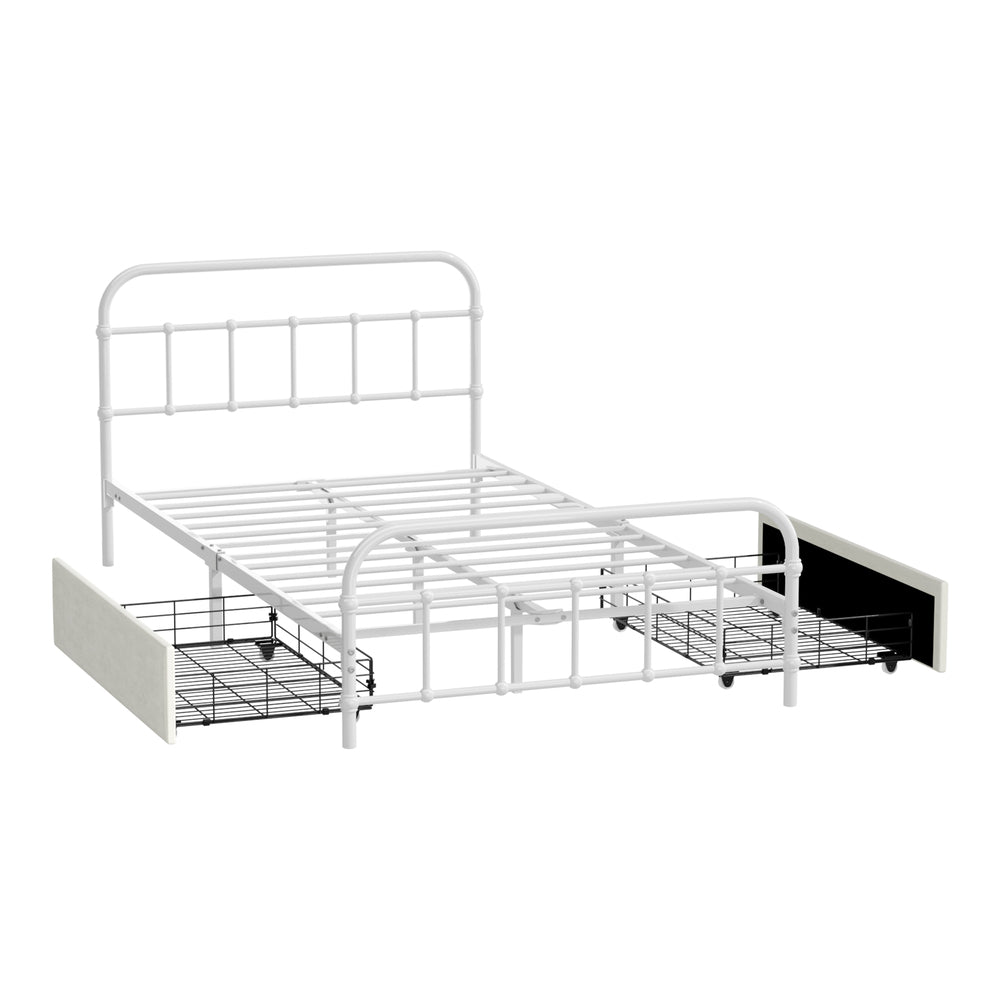 Metal Bed Frame King Single Bed Base with 2 Drawers White