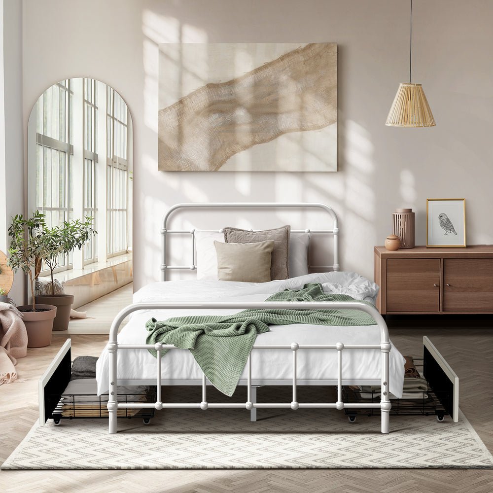 Metal Bed Frame King Single Bed Base with 2 Drawers White