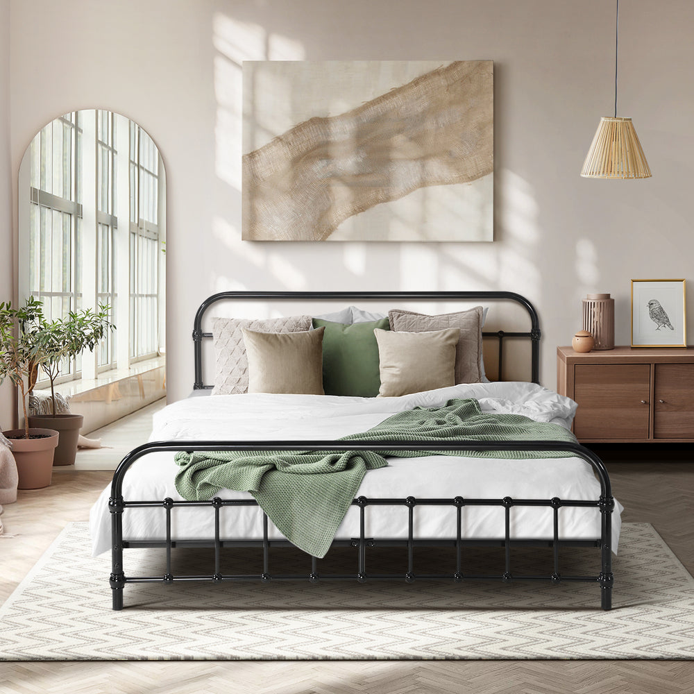 Black metal platform queen bed