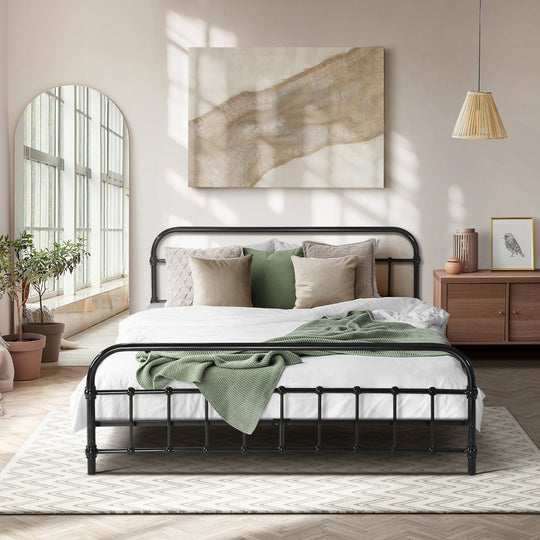 Black metal platform queen bed