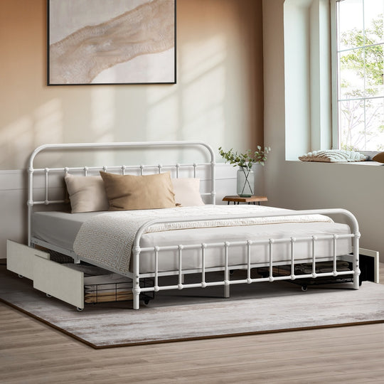 Metal Bed Frame Queen Size Bed Base with 4 Drawers White