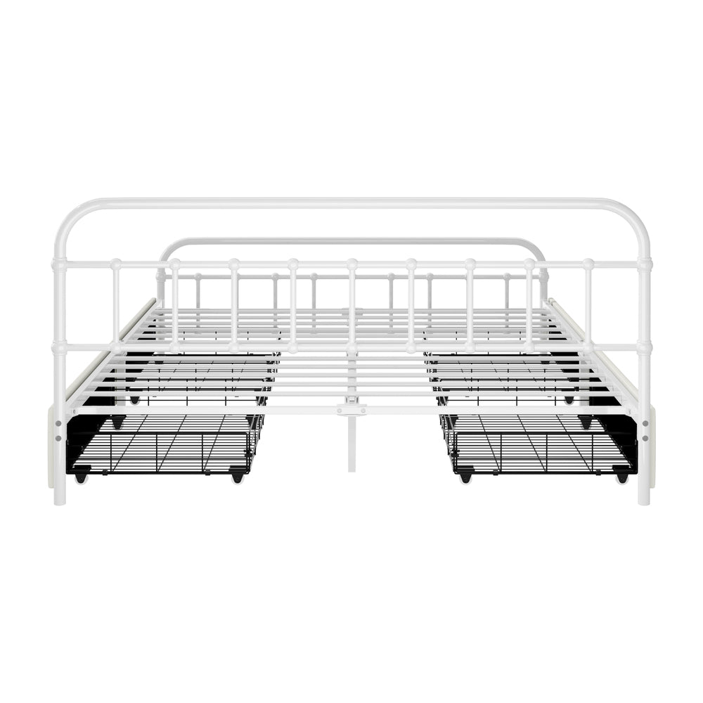 Metal Bed Frame Queen Size Bed Base with 4 Drawers White