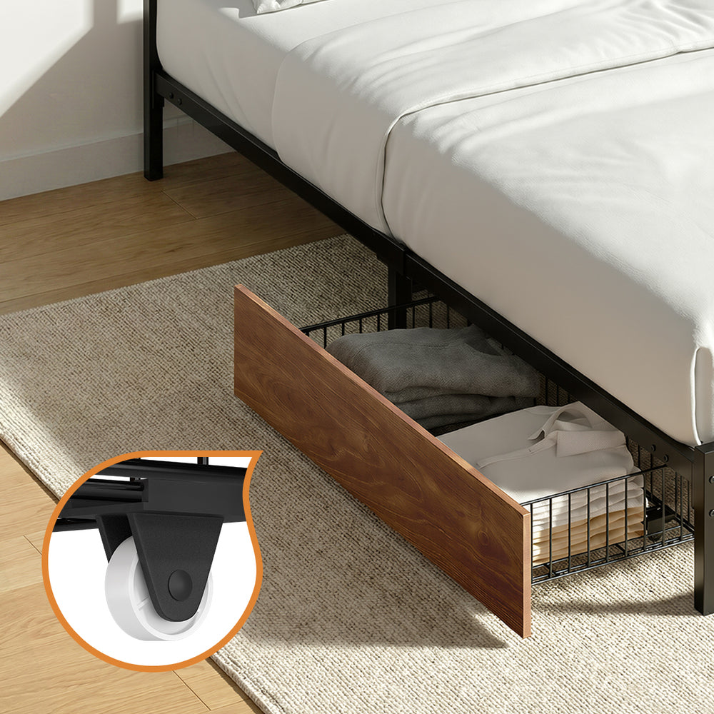 Metal Bed Frame Double Size Bed Base Platform 2 Drawers Black