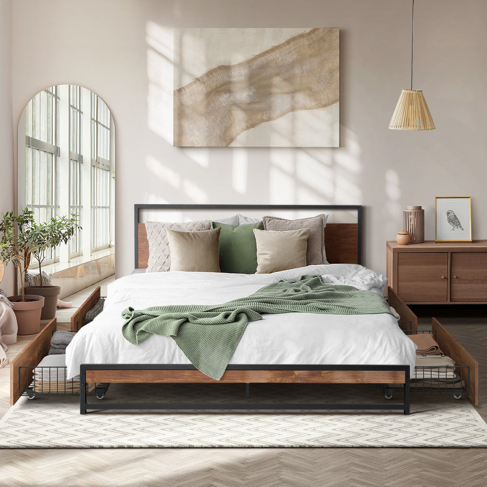Metal Bed Frame King Size Bed Base Platform 4 Drawers Black