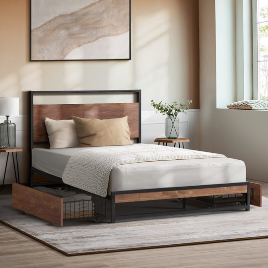 Metal Bed Frame King Single Bed Base Platform 2 Drawers Black