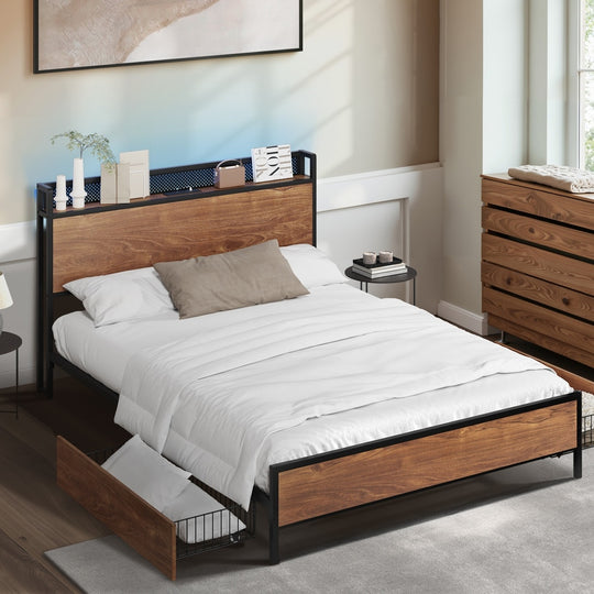 Metal Bed Frame Double LED Headboard 2 Storage Drawers USB