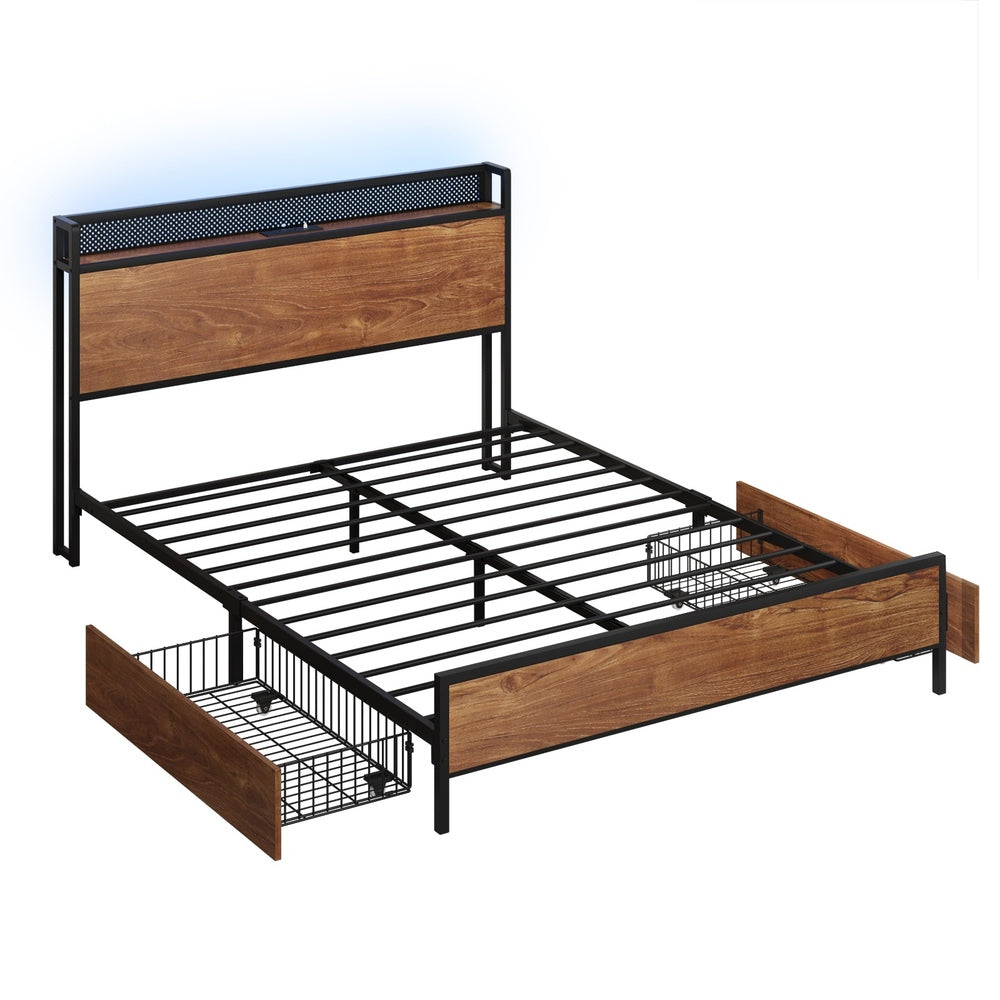 Stylish Metal Bed Frame with LED Headboard USB Ports and 2 Storage Drawers Double
