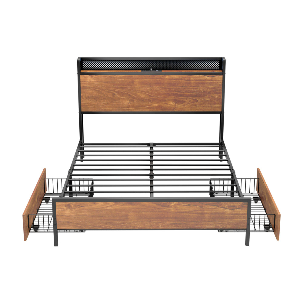 Stylish Metal Bed Frame with LED Headboard USB Ports and 2 Storage Drawers Double