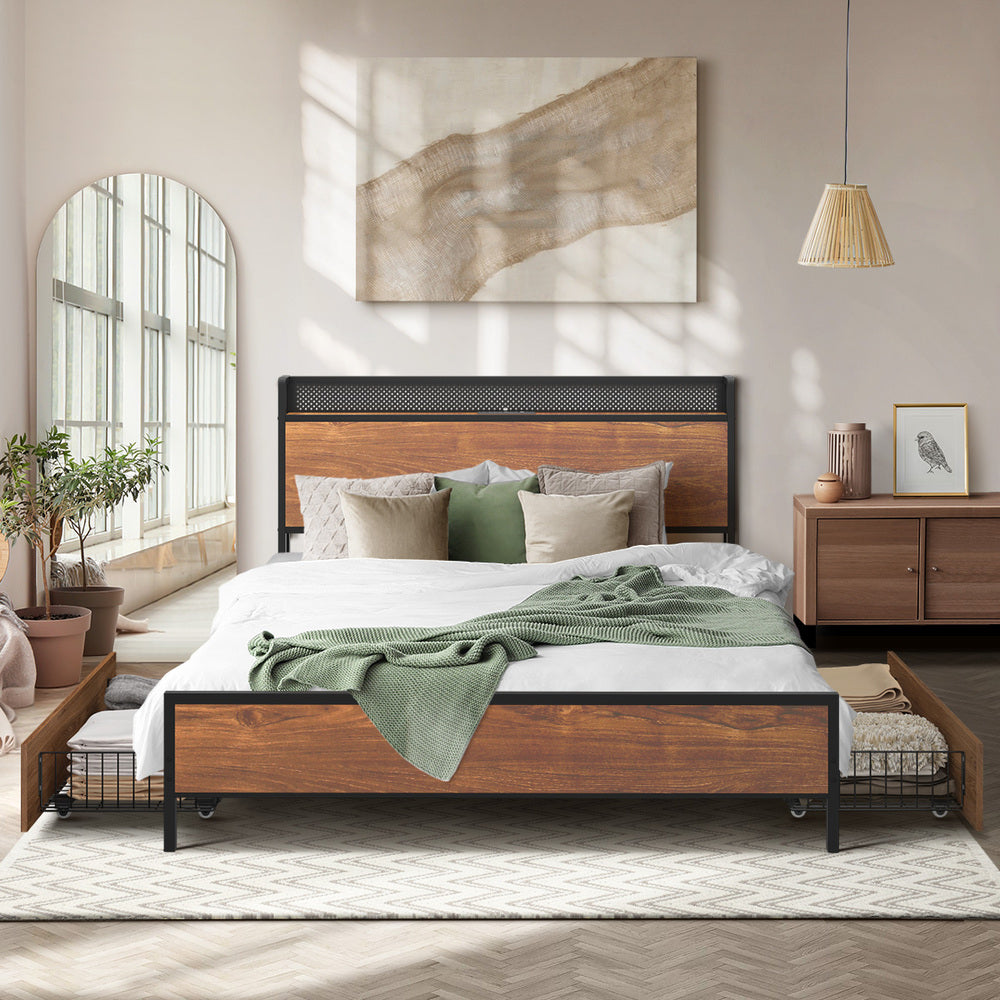 Stylish Metal Bed Frame with LED Headboard USB Ports and 2 Storage Drawers Double