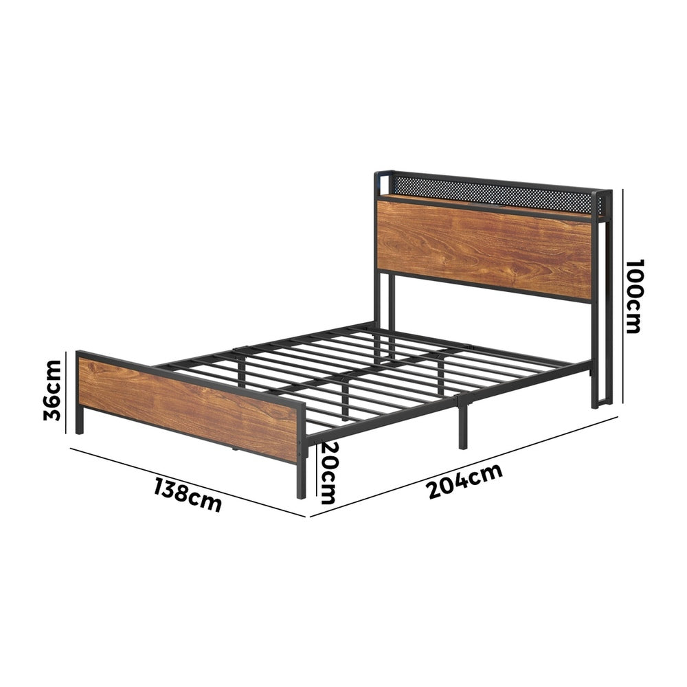 Metal Bed Frame Double LED Light USB Charge Storage Headboard