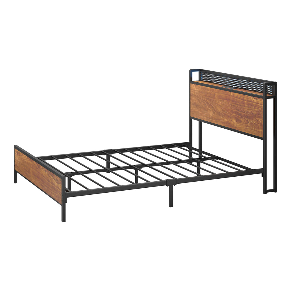 Metal Bed Frame Double LED Light USB Charge Storage Headboard