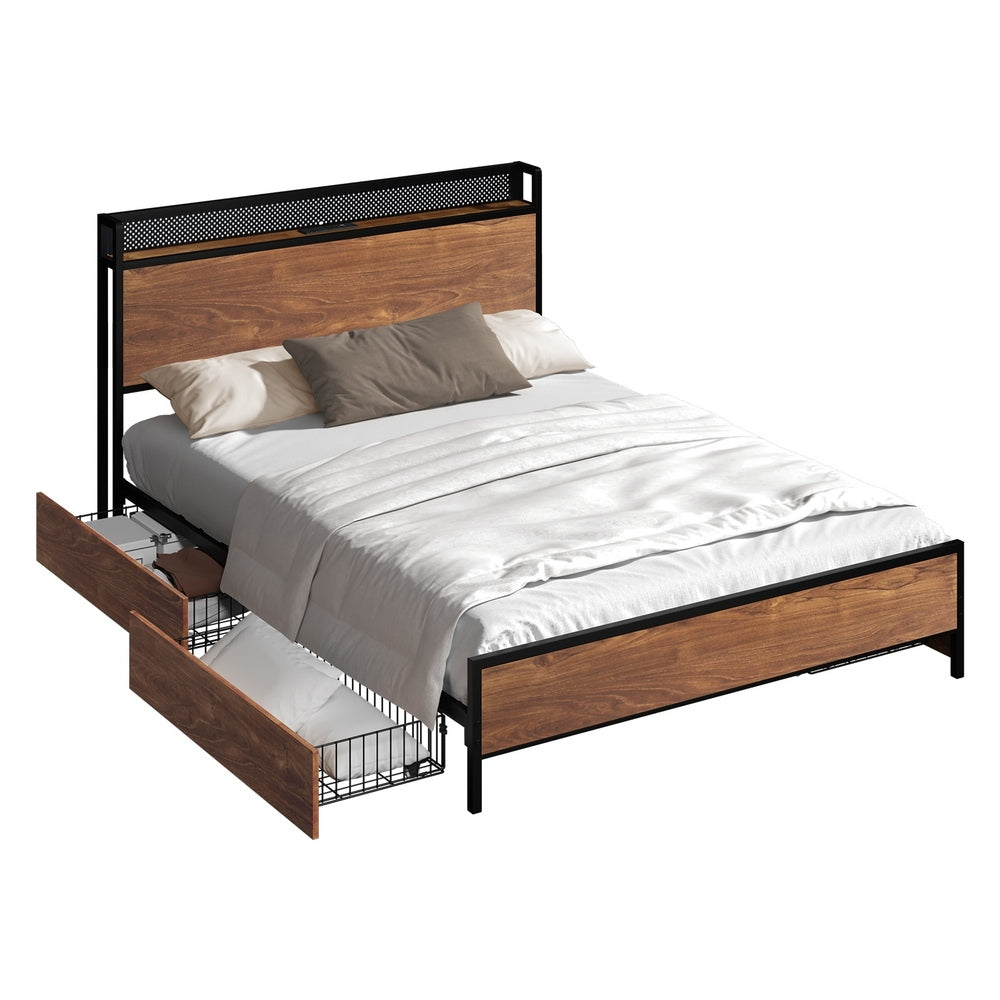 King Size Metal Bed Frame LED Headboard 4 Storage Drawers USB