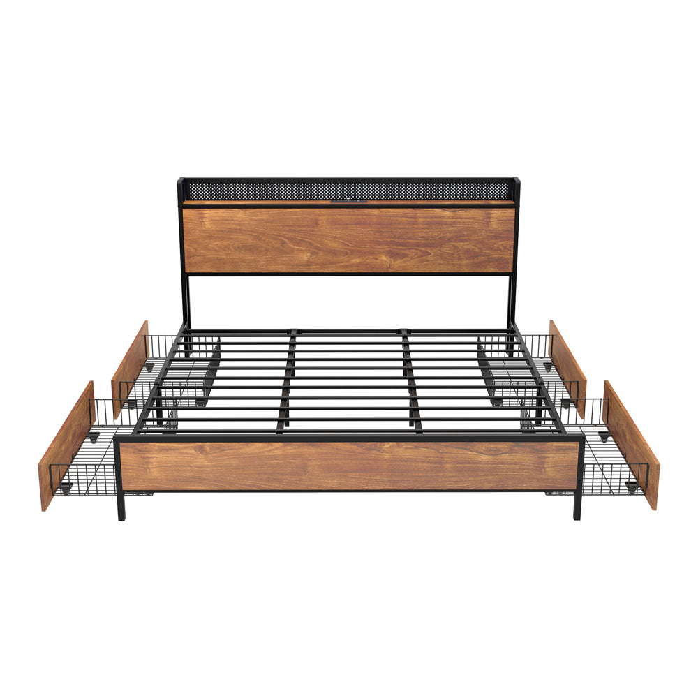 King Size Metal Bed Frame LED Headboard 4 Storage Drawers USB