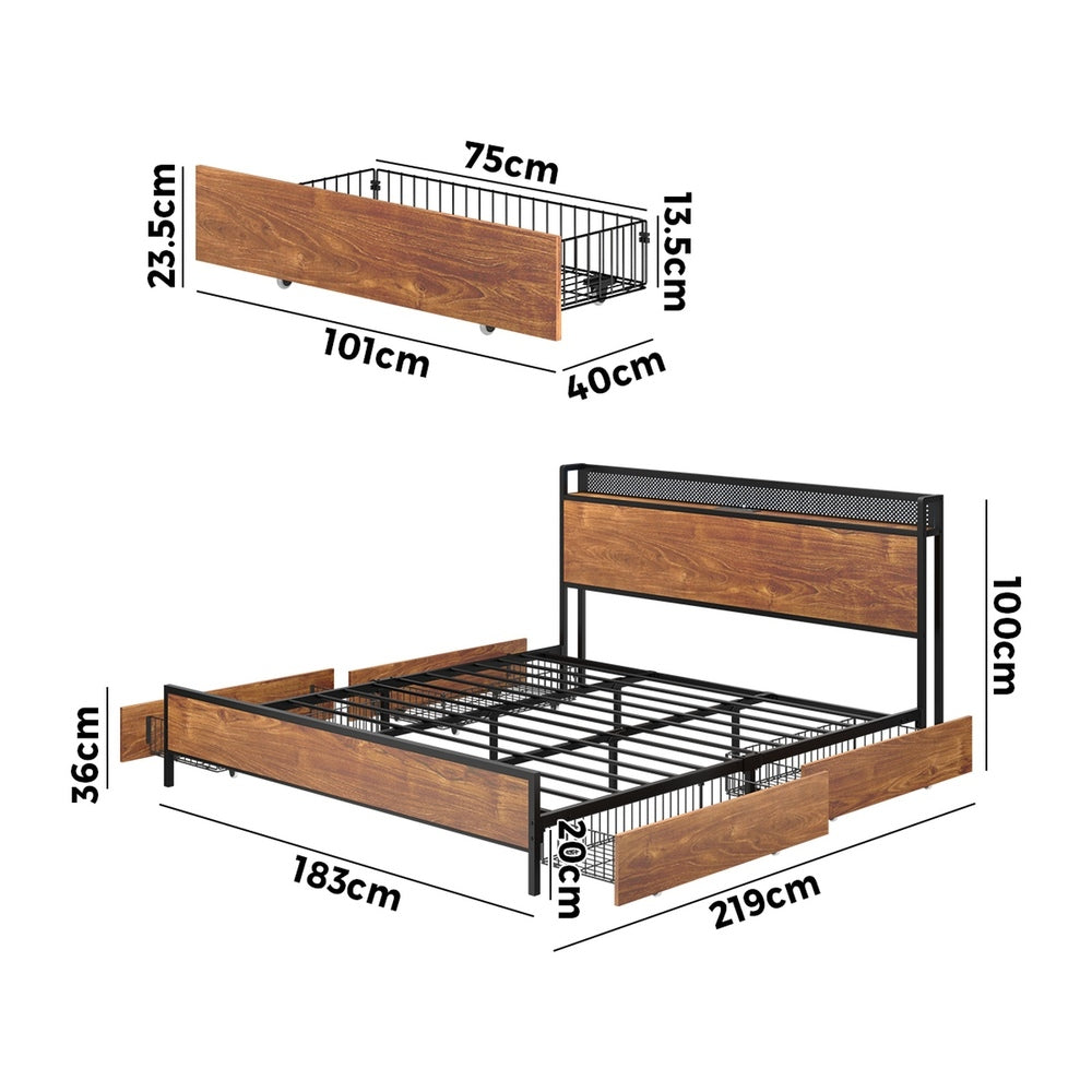 King Size Metal Bed Frame LED Headboard 4 Storage Drawers USB