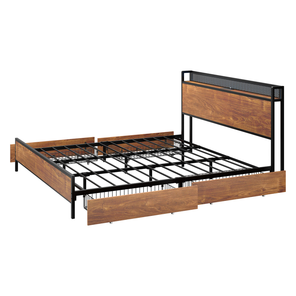 King Size Metal Bed Frame LED Headboard 4 Storage Drawers USB